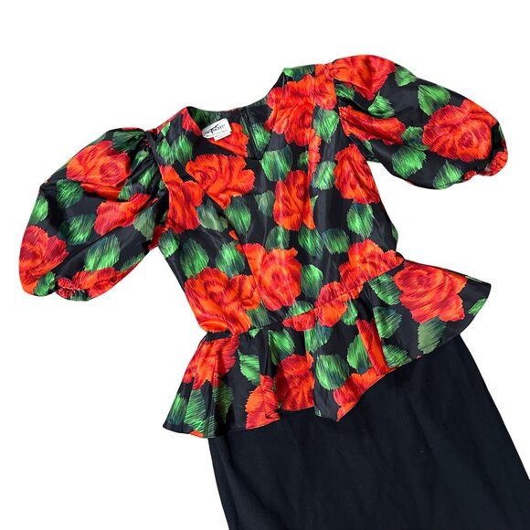 Vintage Dress Red Black Mr Mort USA Floral Peplum Size 10 Union Made 80s Flowers - Picture 1 of 9